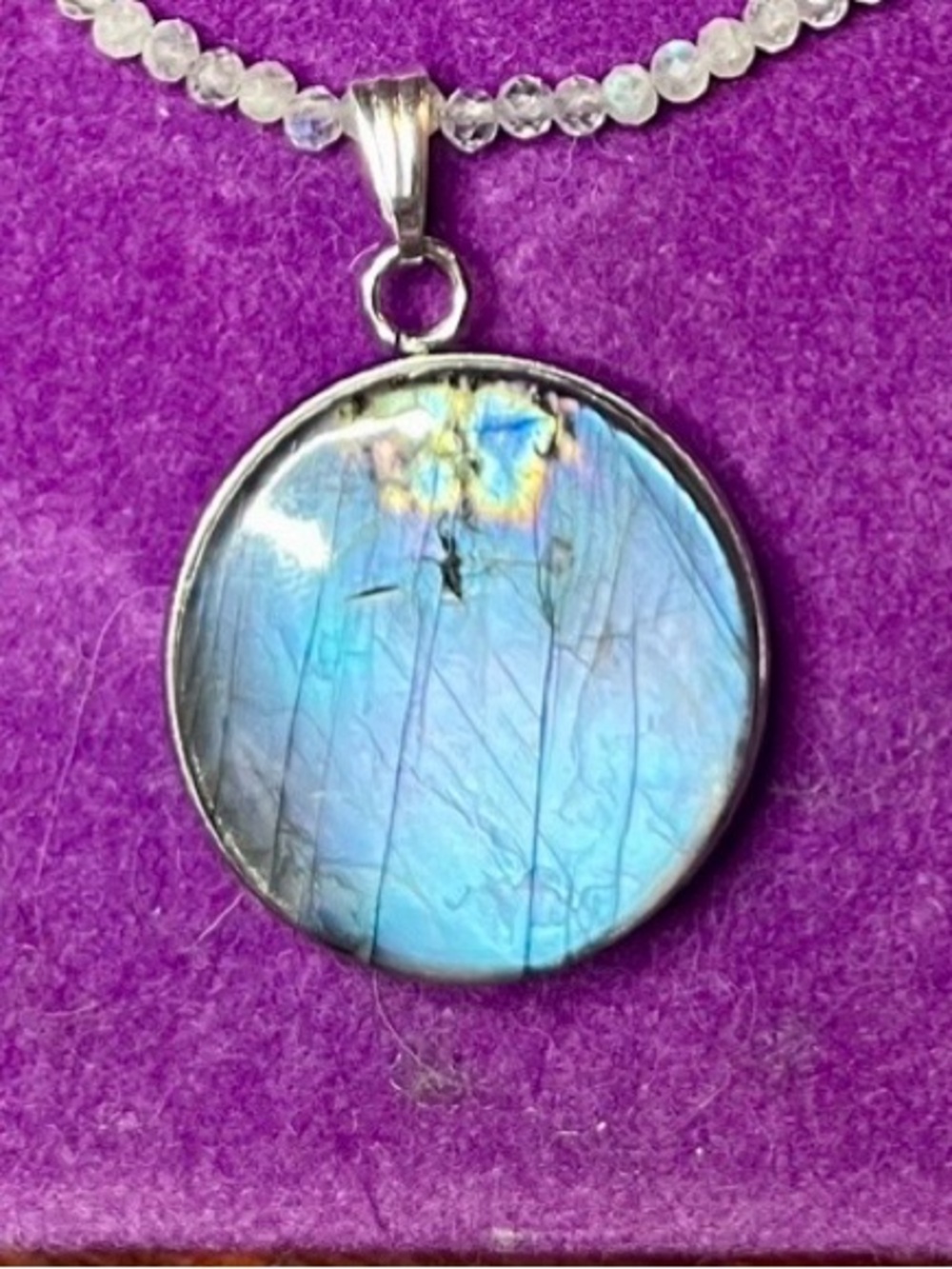 Purple Blue Labradorite 25mm Round Pendant Necklace on labradorite beaded chain